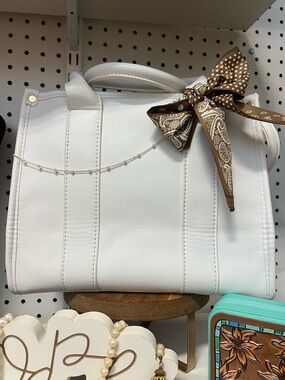 White Leather Tote Bag with Brown Scarf Accent